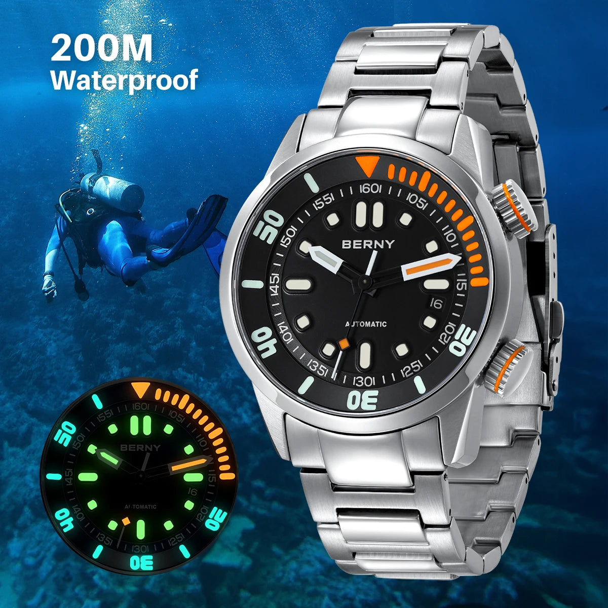 BERNY Automatic Dive Watch for Men Super Luminous Original Design 20ATM Diver Wristwatch Sapphire, Local Warehouse Fast Delivery