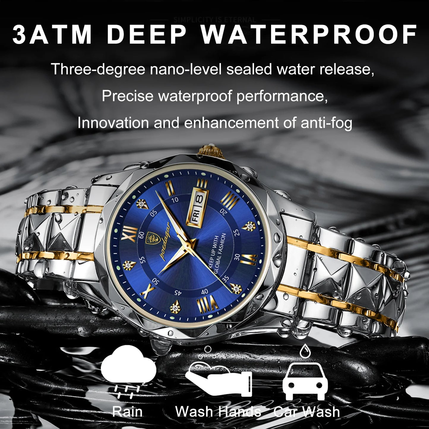 POEDAGAR Business Luxury Men's Watches Waterproof Stainless Steel Luminous Man Wristwatch Date Week Sport Men Quartz Watch Reloj