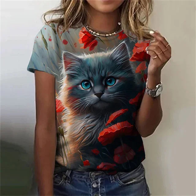 T-shirt 3D Printed Kawaii Cat Pattern Short Sleeved Round neck Top Summer Outdoor Casual Street Simple Clothing