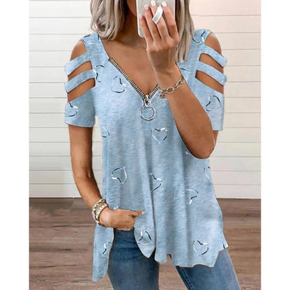 T Shirt for Women Print Top V Neck Short Sleeves Hollow Out Zipper Vintage Streetwear Spring Summer Office Lady 2025 Tees Tops