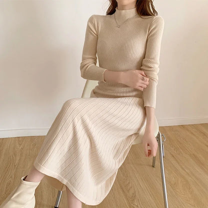 Slim Long Sleeve Party Midi Dress for Women Knitted Half High Collar Elegant Knitted Sweater Dresses Ladies