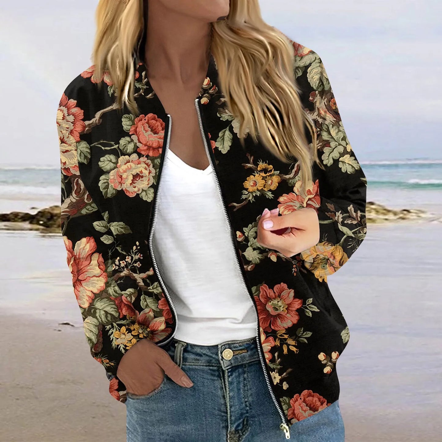 Women Elegant Zipper Bomber Jackets Spring Autumn Floral Printed Jackets Casual Coat Retro Outwear  Round Neck Zipper Jackets