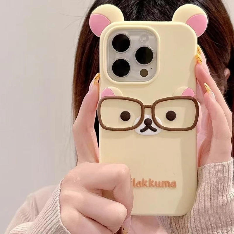 For iPhone 17 16 15 Pro Max 14 Plus 13 12 11 7 8 SE 4 4S 5 5S Cute Glasses Bear Silicone Soft Phone Case Cover