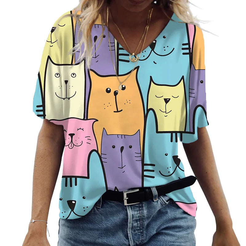 T-shirt Cartoon Cat Print Summer Short Sleeve V-Neck Kawaii Fashion Casual Tee Shirts With Cat Funny Femininity Clothing
