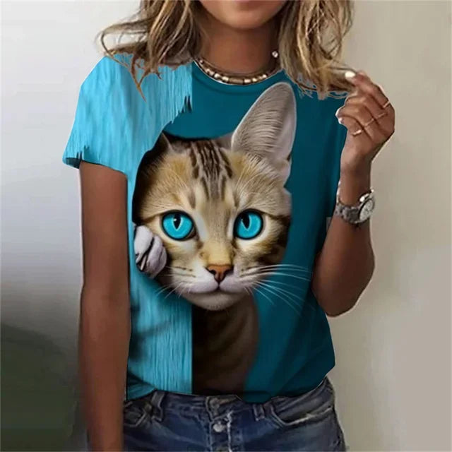 T-shirt 3D Printed Kawaii Cat Pattern Short Sleeved Round neck Top Summer Outdoor Casual Street Simple Clothing