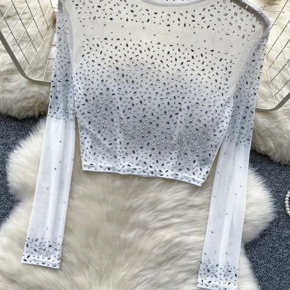 Thin See-tough Long Sve Me T-shirt ort Heavy-du Rhinestone Base irt Korean Sle Creative Pattern