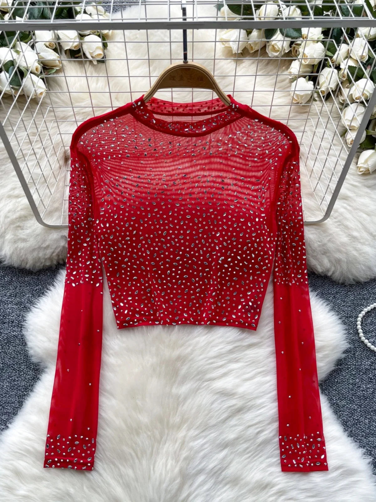 Thin See-tough Long Sve Me T-shirt ort Heavy-du Rhinestone Base irt Korean Sle Creative Pattern