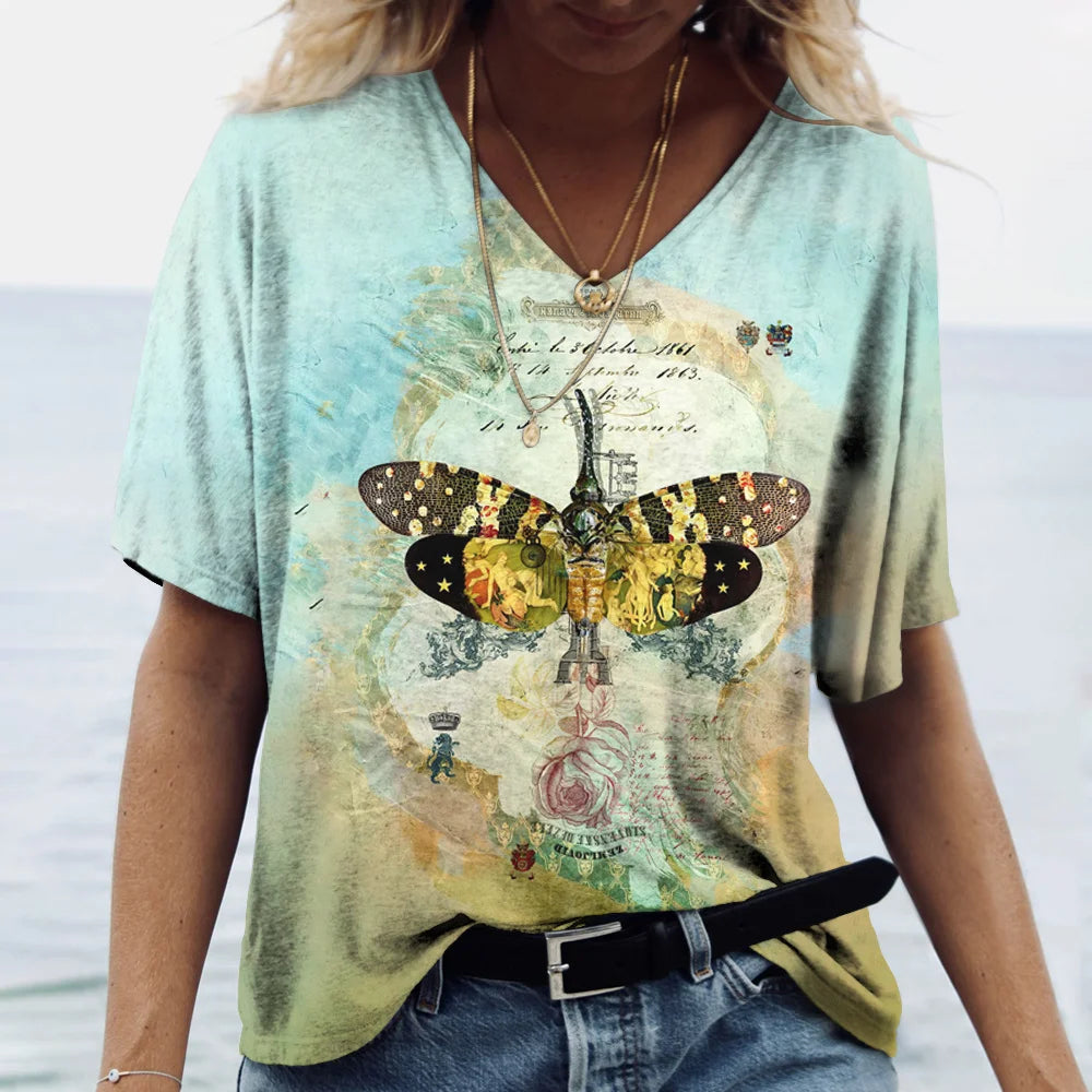 Summer Women's T-Shirt Vintage Casual Fashion V Neck Pullover Short Sleeve Butterfly Print Loose Daily Tops Design Clothing