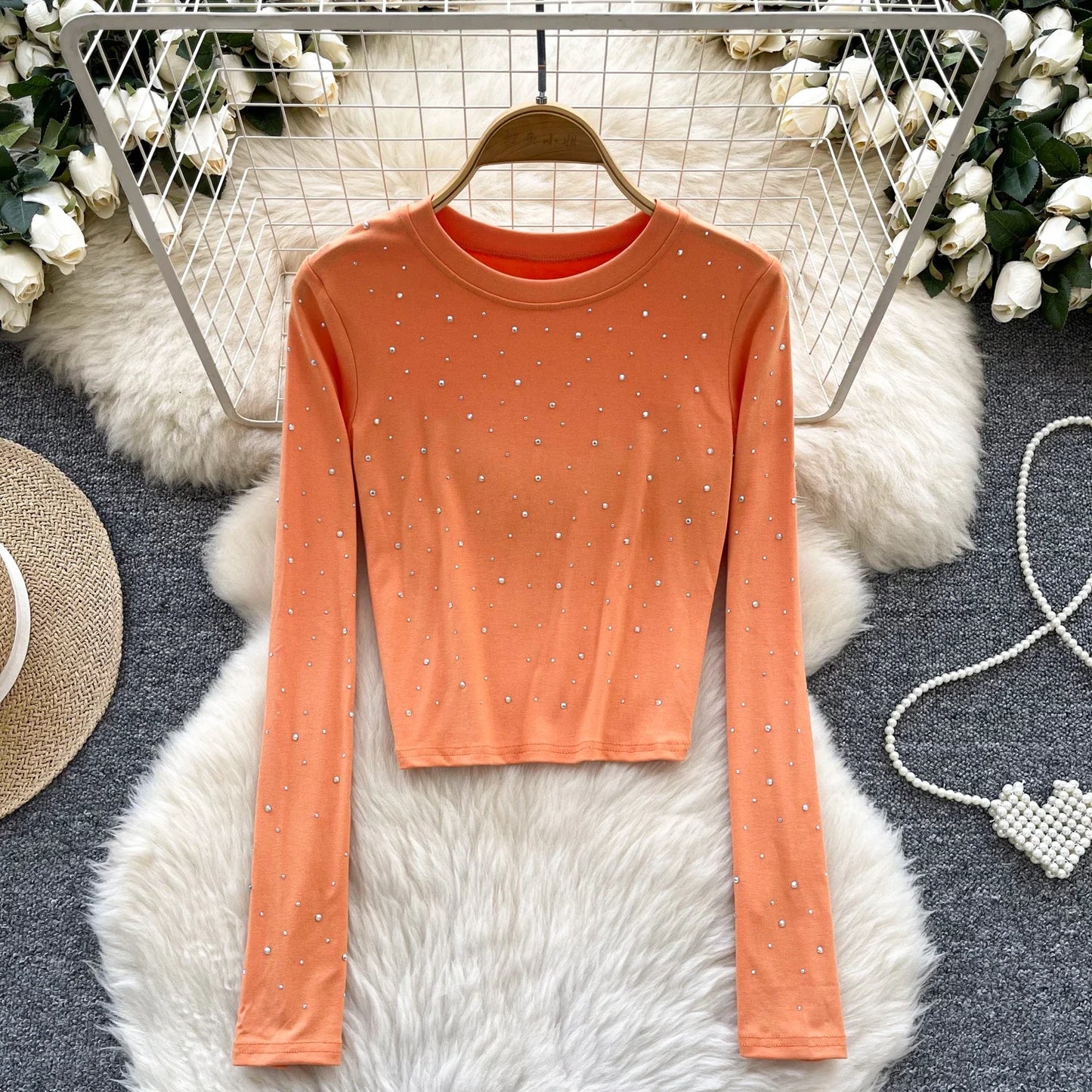 Long Sleeves Hotsweet O-neck Fashion Rhinestone Slim Top French Streetwear Sexy High Street Autumn Winter Women T-Shirts