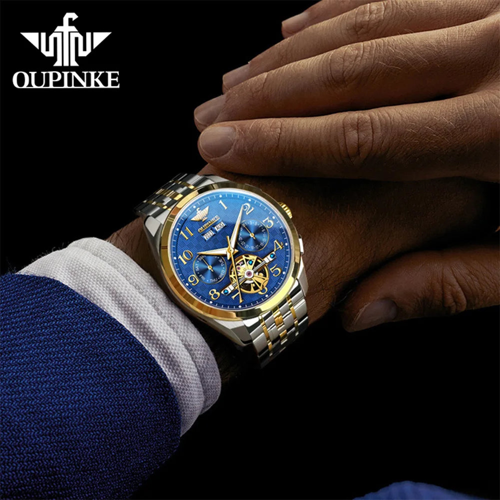 OUPINKE 3263 Mens Watch Luxury Flywheel Automatic Mechanical Watch﻿ 50M Waterproof Luminous Tungsten Steel Brand Watches New