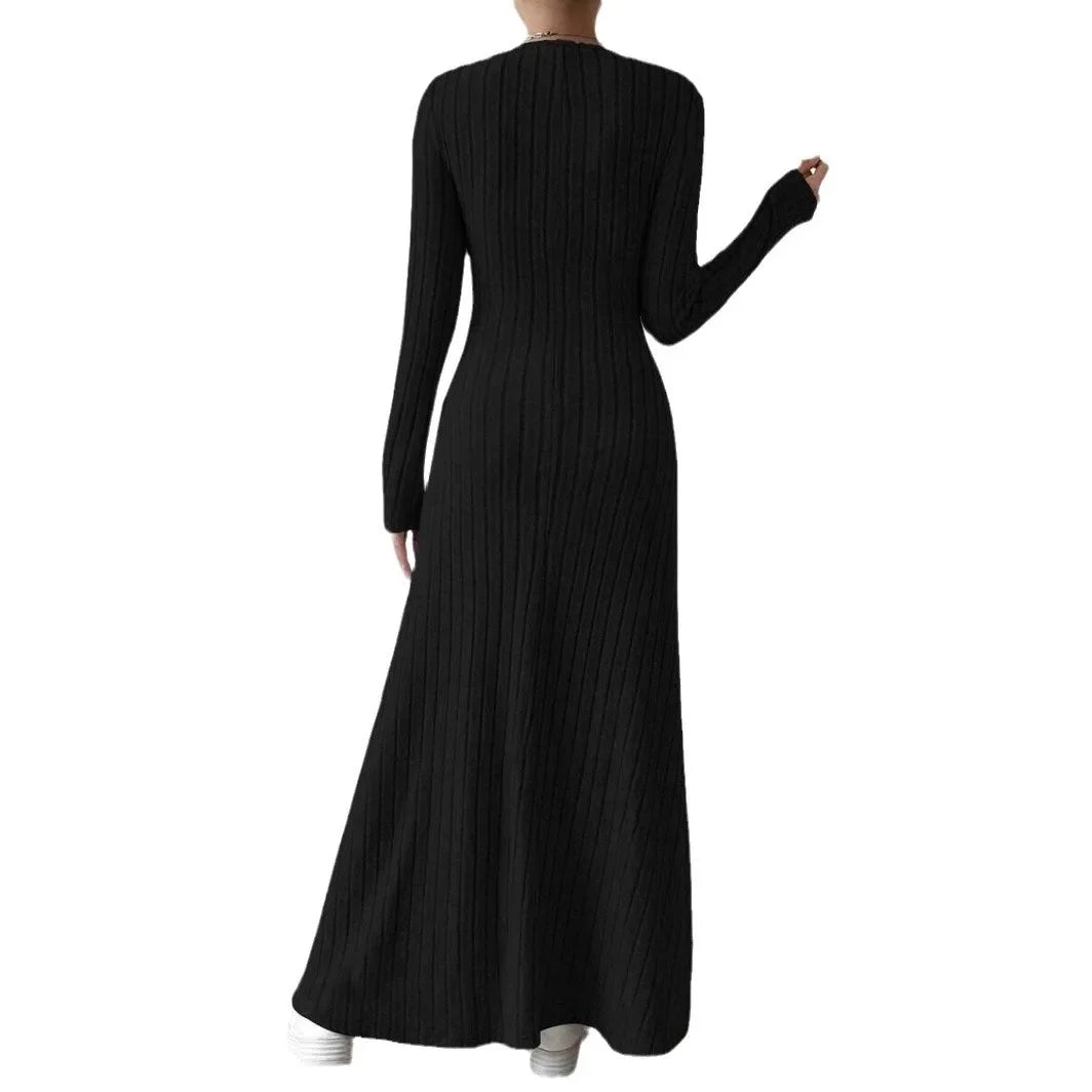 Knitted Long Sleeve A- Line Streetwear Dress For Women Smooths And Slims Your Silhouette Solid Color Long Dress