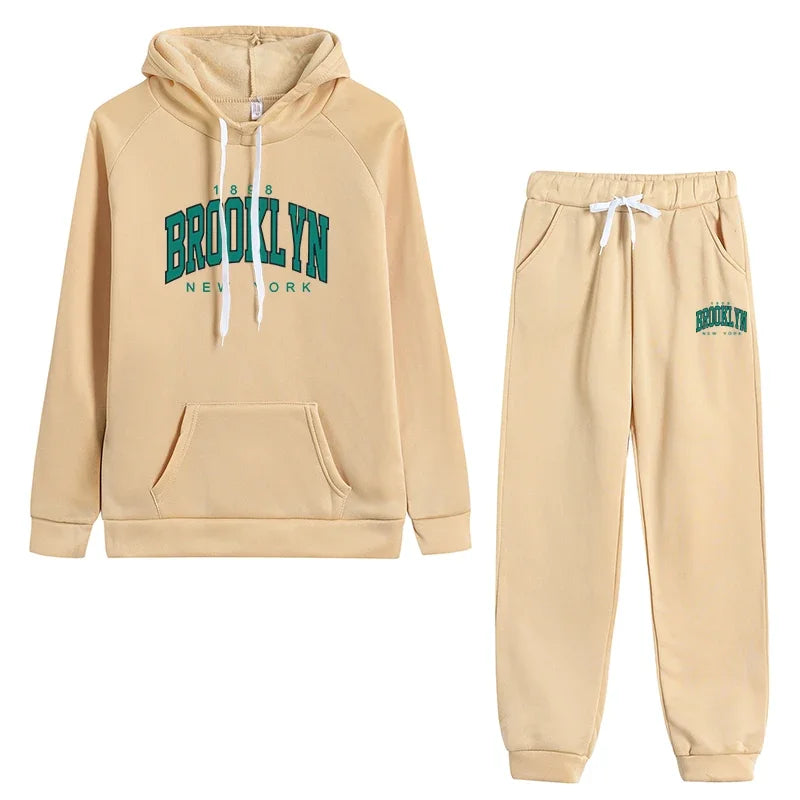 Women's Autumn Winter Casual Sports Jogging Suits Green Brooklyn Printed Hoodies and Sweatpants Girls Urban Fashion Warm Outfits