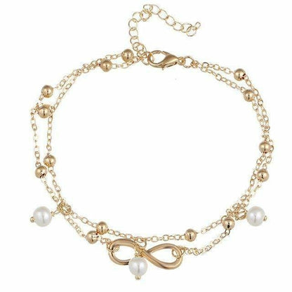 Infinity Pendent Pearl Anklet Tornozeleira de camada dupla