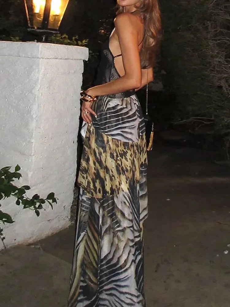 New V Neck Slim Sexy Patchwork Maxi Dress, Women Summer Sleeveless Chic Fashion Party Dress, 2025 Bandage Backless Ladies Dress - Japan 4 All