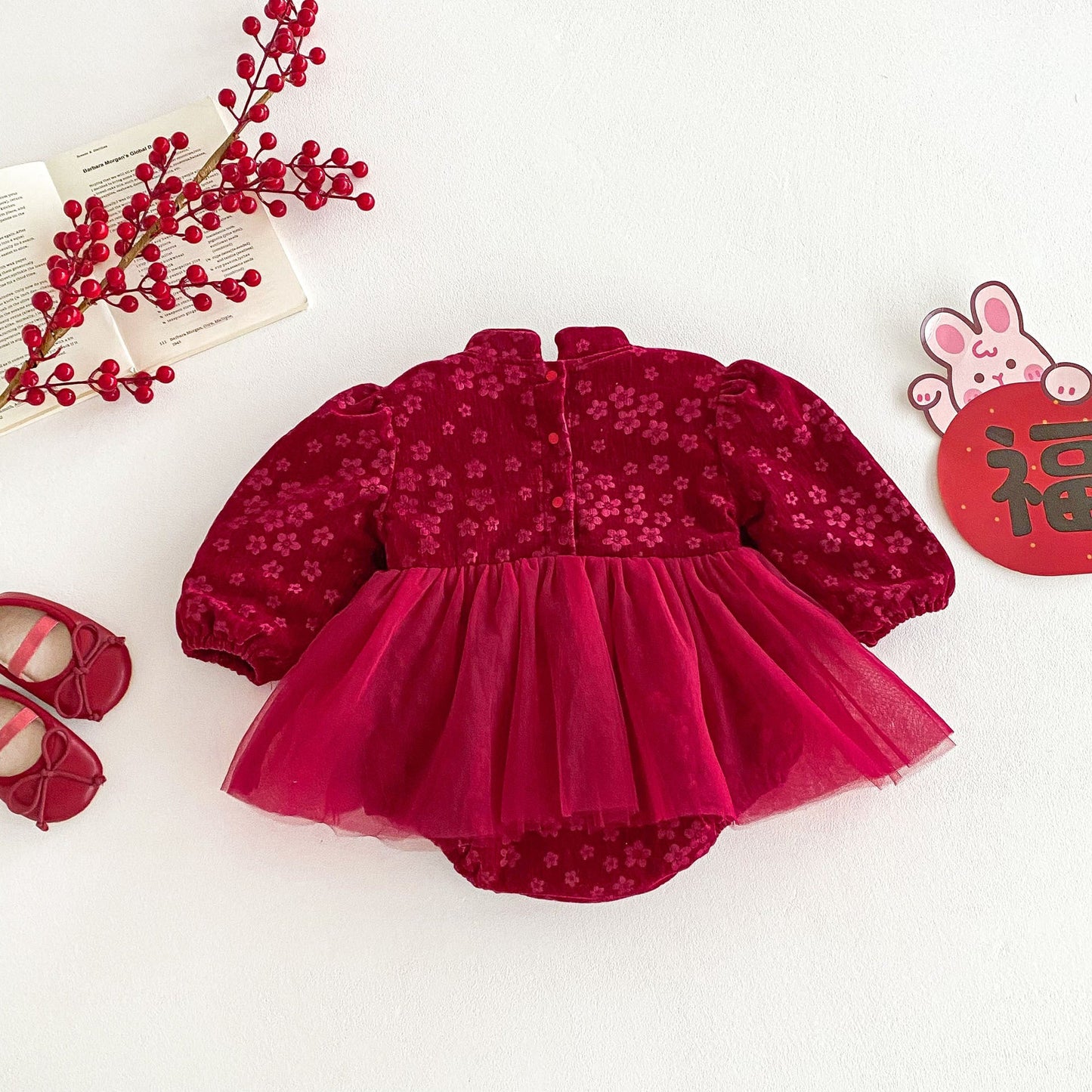 Winter Arrival Baby Girls Cute Floral Embroidered Red Long Sleeves Tulle Onesies-0