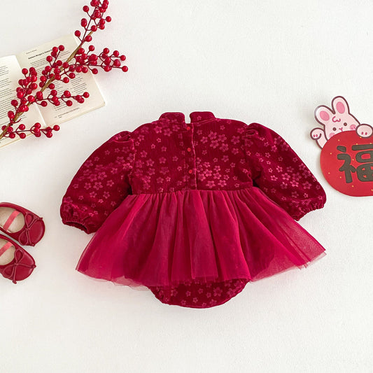 Winter Arrival Baby Girls Cute Floral Embroidered Red Long Sleeves Tulle Onesies-0
