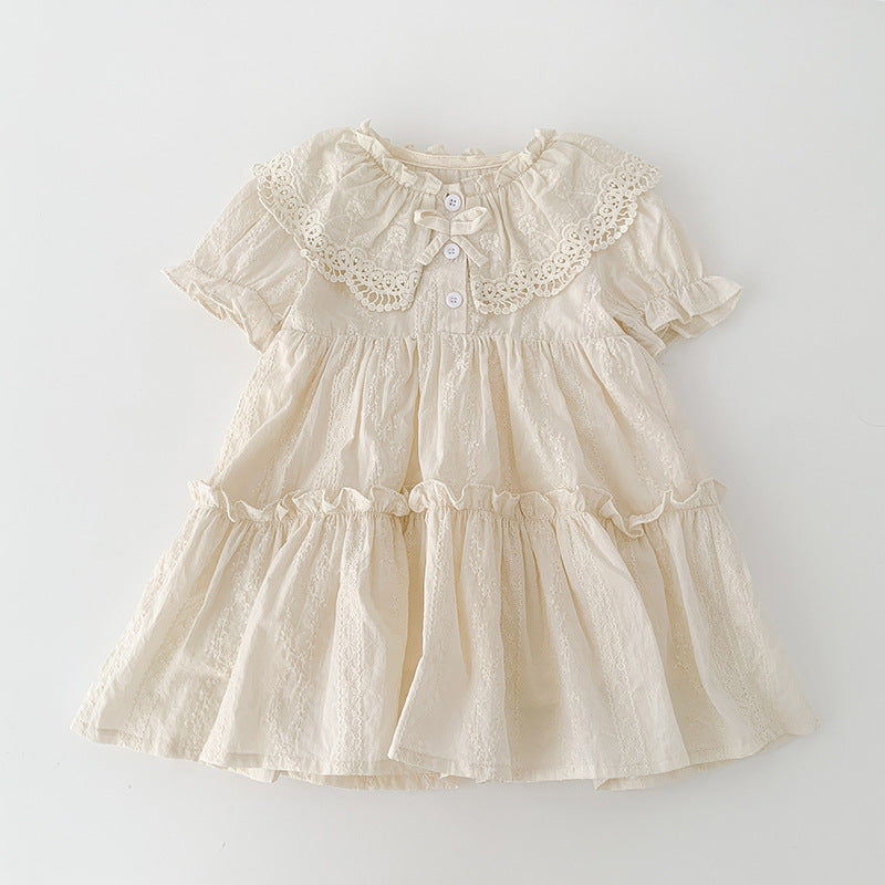 Summer Baby Girls French-style Floral Embroidery Pattern Short-sleeved Plain Onesie or Princess Dress-2