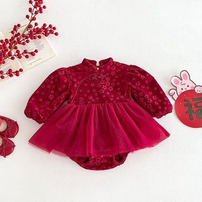 Winter Arrival Baby Girls Cute Floral Embroidered Red Long Sleeves Tulle Onesies-1