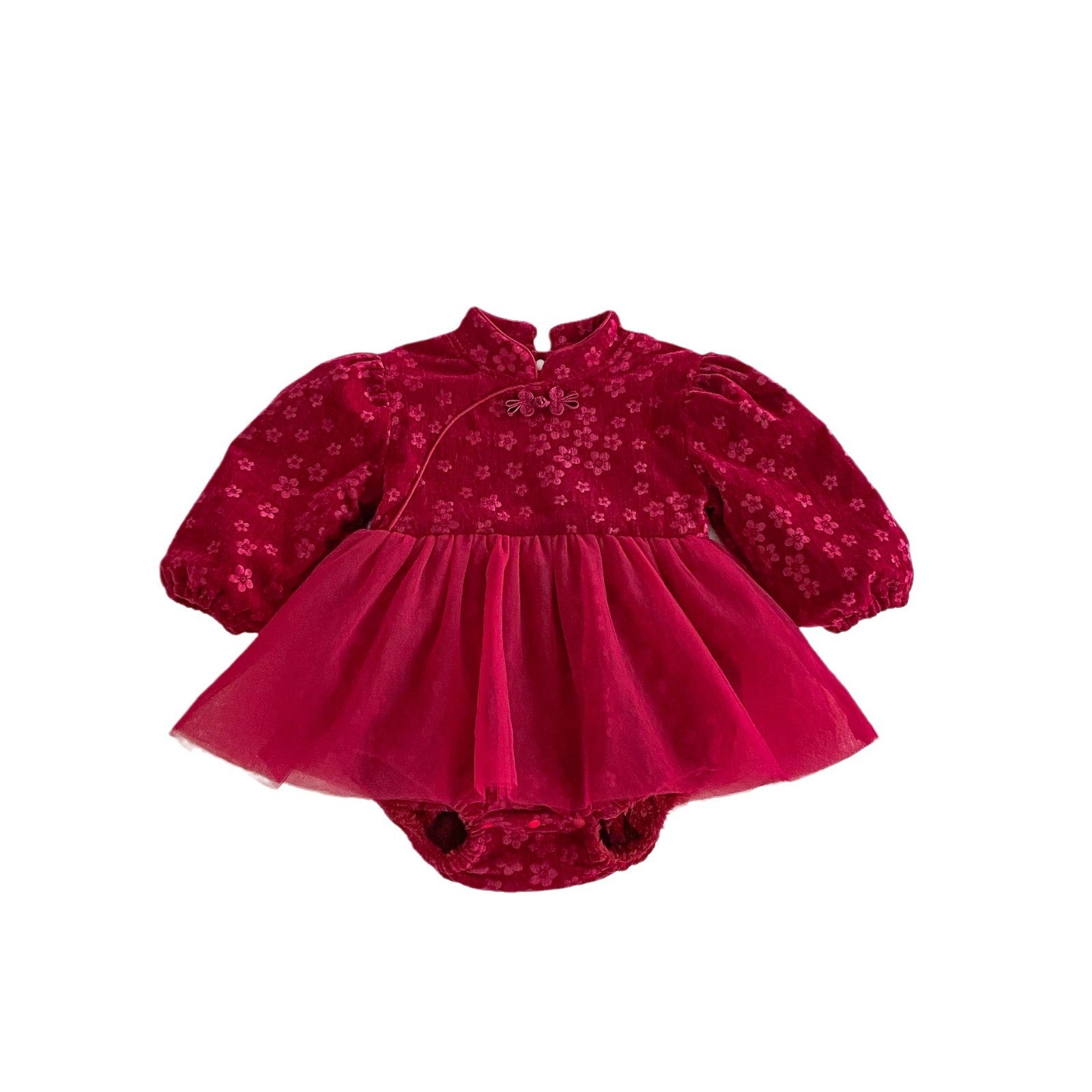 Winter Arrival Baby Girls Cute Floral Embroidered Red Long Sleeves Tulle Onesies-3