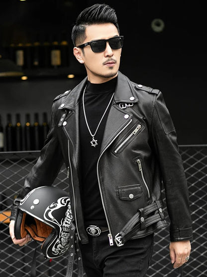 Spring Autumn Short Cool Black Leather Biker Jacket Men Zipper Long Sleeve Belt Plus Size European Fashion brand leather jackets - Japan 4 All