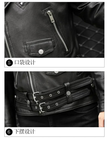 Spring Autumn Short Cool Black Leather Biker Jacket Men Zipper Long Sleeve Belt Plus Size European Fashion brand leather jackets - Japan 4 All