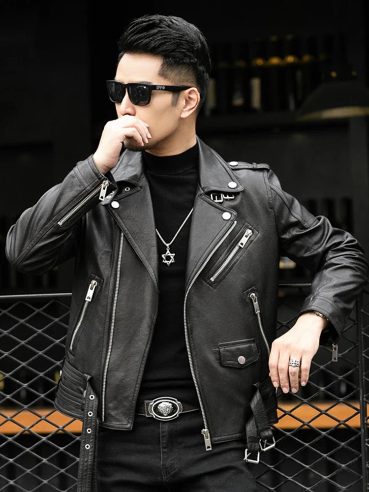 Spring Autumn Short Cool Black Leather Biker Jacket Men Zipper Long Sleeve Belt Plus Size European Fashion brand leather jackets - Japan 4 All